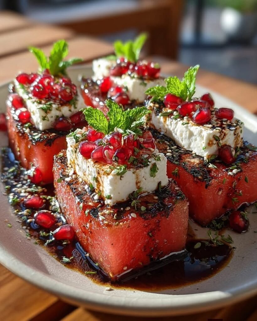 Grilled Watermelon Steak with Warm Goat Cheese & Pomegranate Pearls