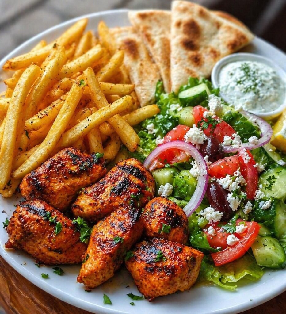 Grilled Chicken Plate with Fries, Greek Salad, Pita, and Tzatziki