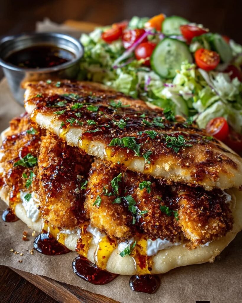 Crispy Baked Hot Honey Goat Cheese Chicken Pita with Garlic Sauce Drizzle