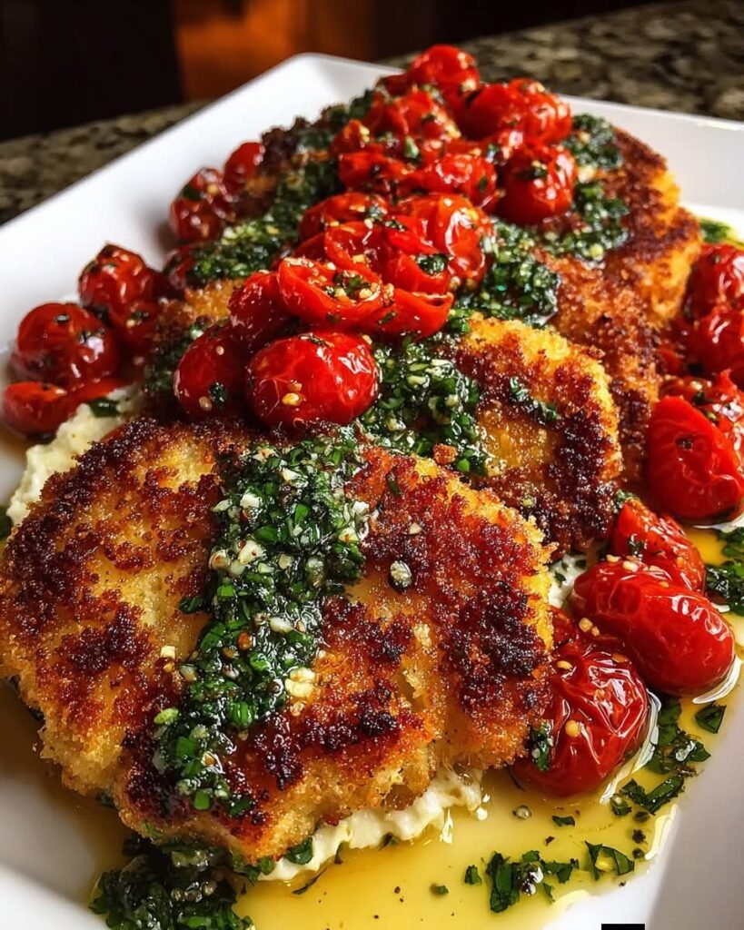 Chicken Milanese with Whipped Feta, Roasted Tomatoes & Garlic Basil Oil