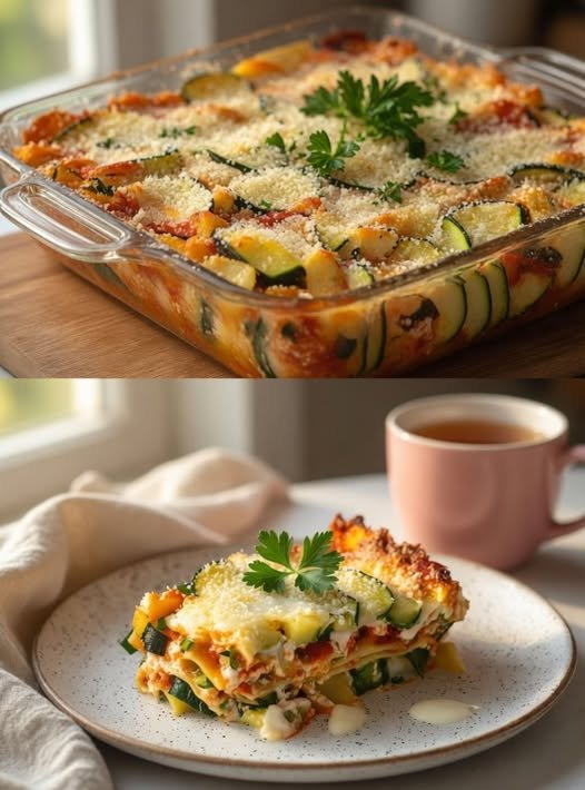 Garden zucchini bake with cottage cheese and garlic yogurt sauce