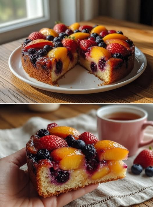 Moist Fruit Cake with Summer Peaches and Berries