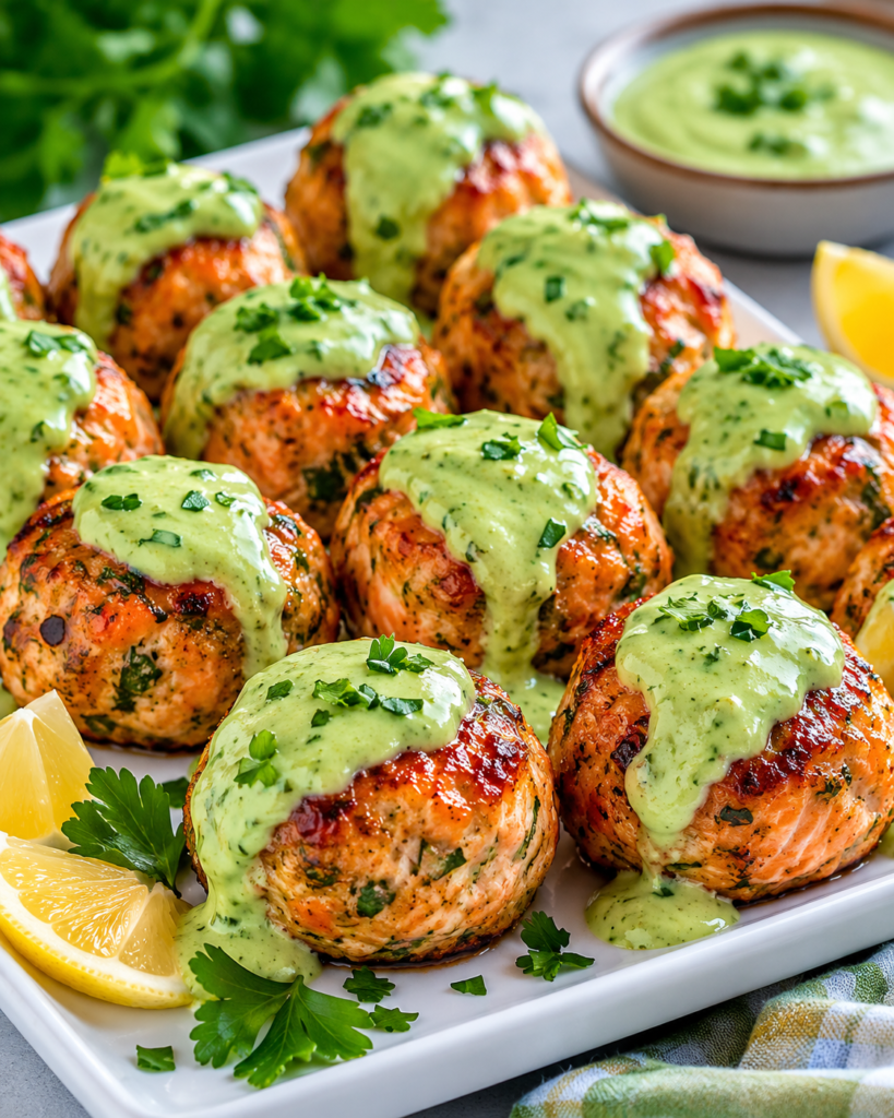 Baked Salmon Meatballs with Creamy Avocado Sauce