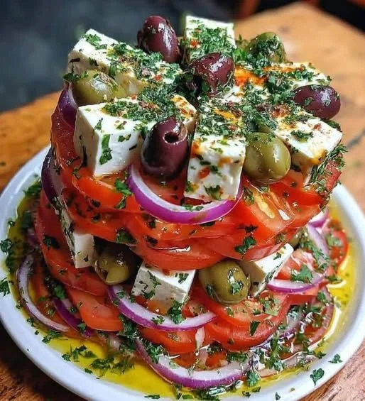 Mediterranean Tomato Feta Olive Salad Tower