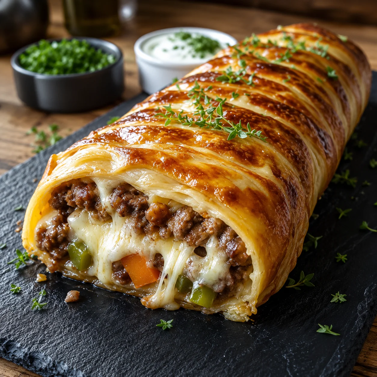 Cheesy Ground Beef Puff Pastry Roll
