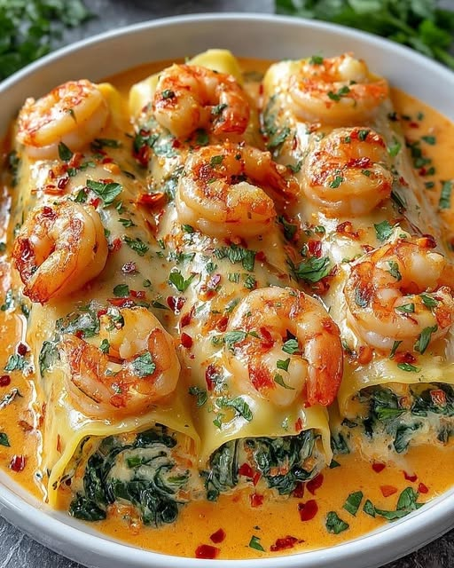Shrimp & Spinach Pasta Rolls