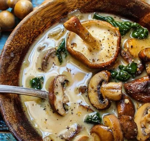Wild Mushroom, Caramelized Onion and Kale Soup
