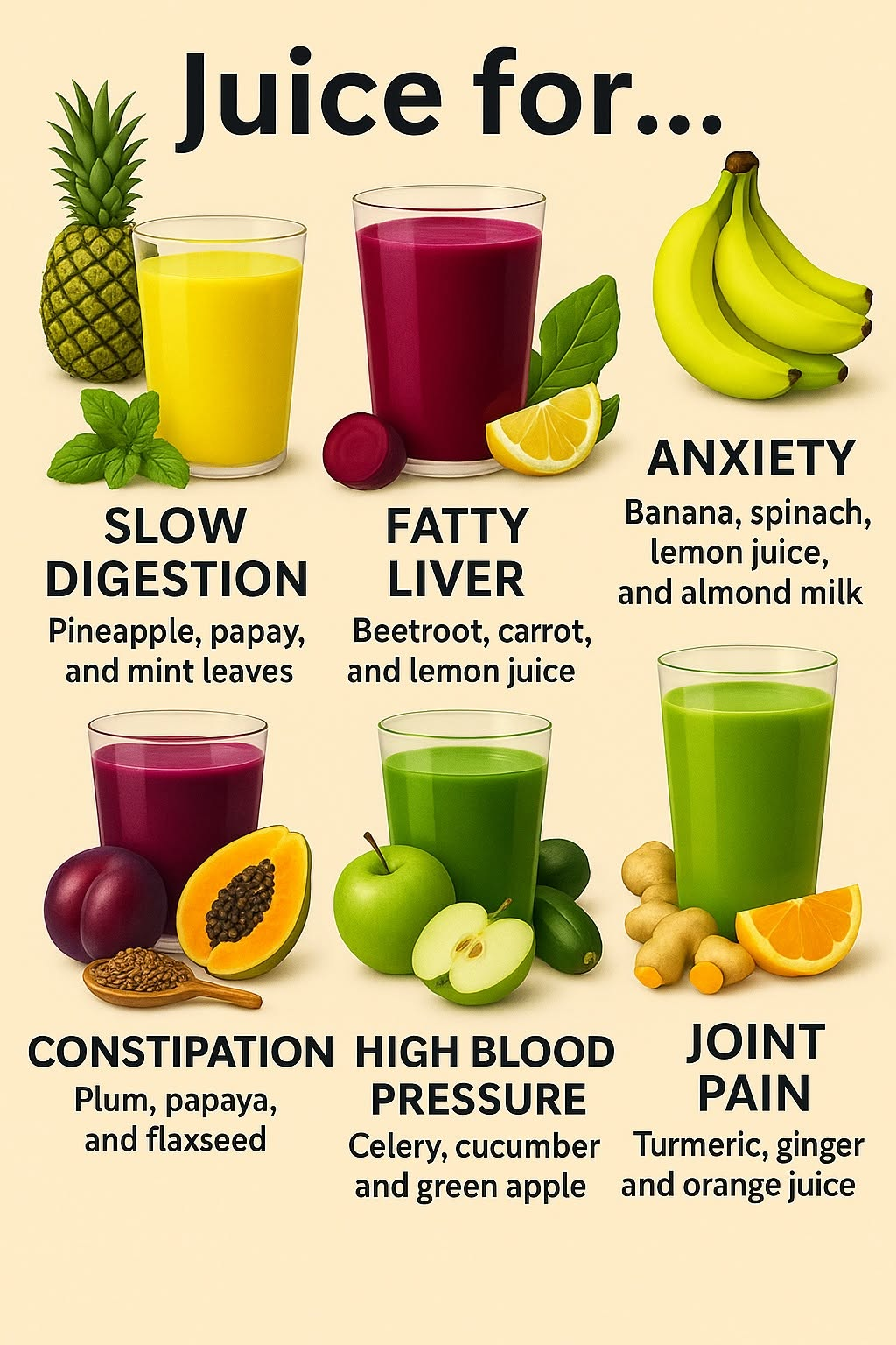 Natural Juices for Better Health: Digestion, Fatty Liver, Anxiety, Constipation, High Blood Pressure, and Joint Pain