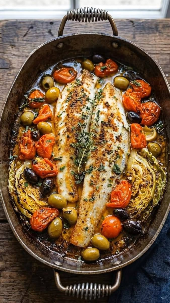 Mediterranean Baked White Fish with Cherry Tomatoes and Olives