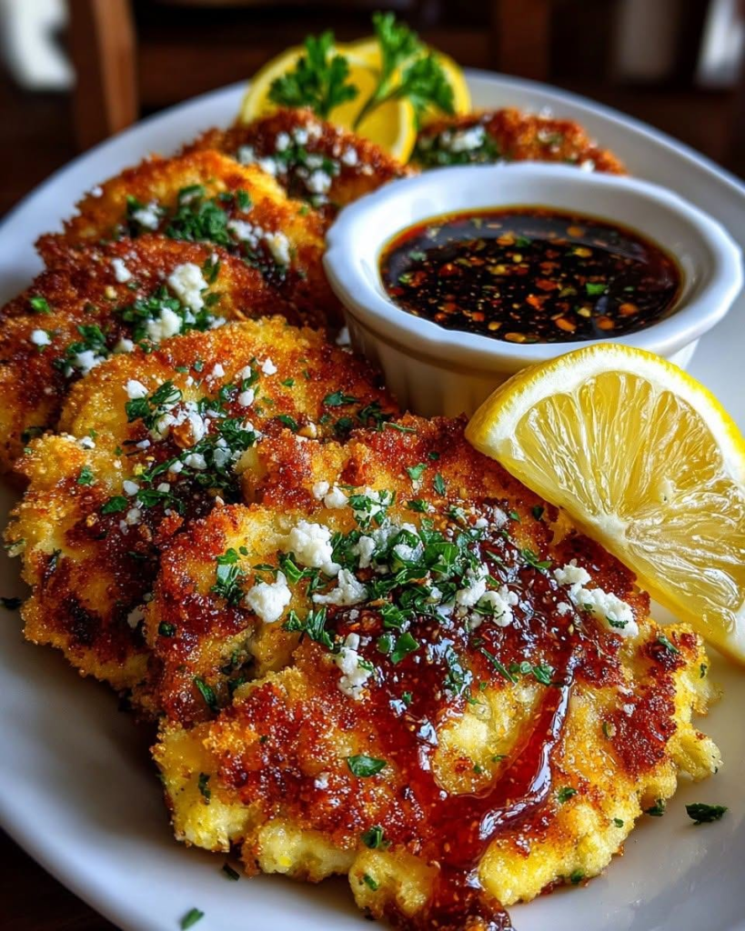 Loaded Crispy Hot Honey Lemon Feta Chicken Cutlets with Smoky Garlic Herb Drizzle