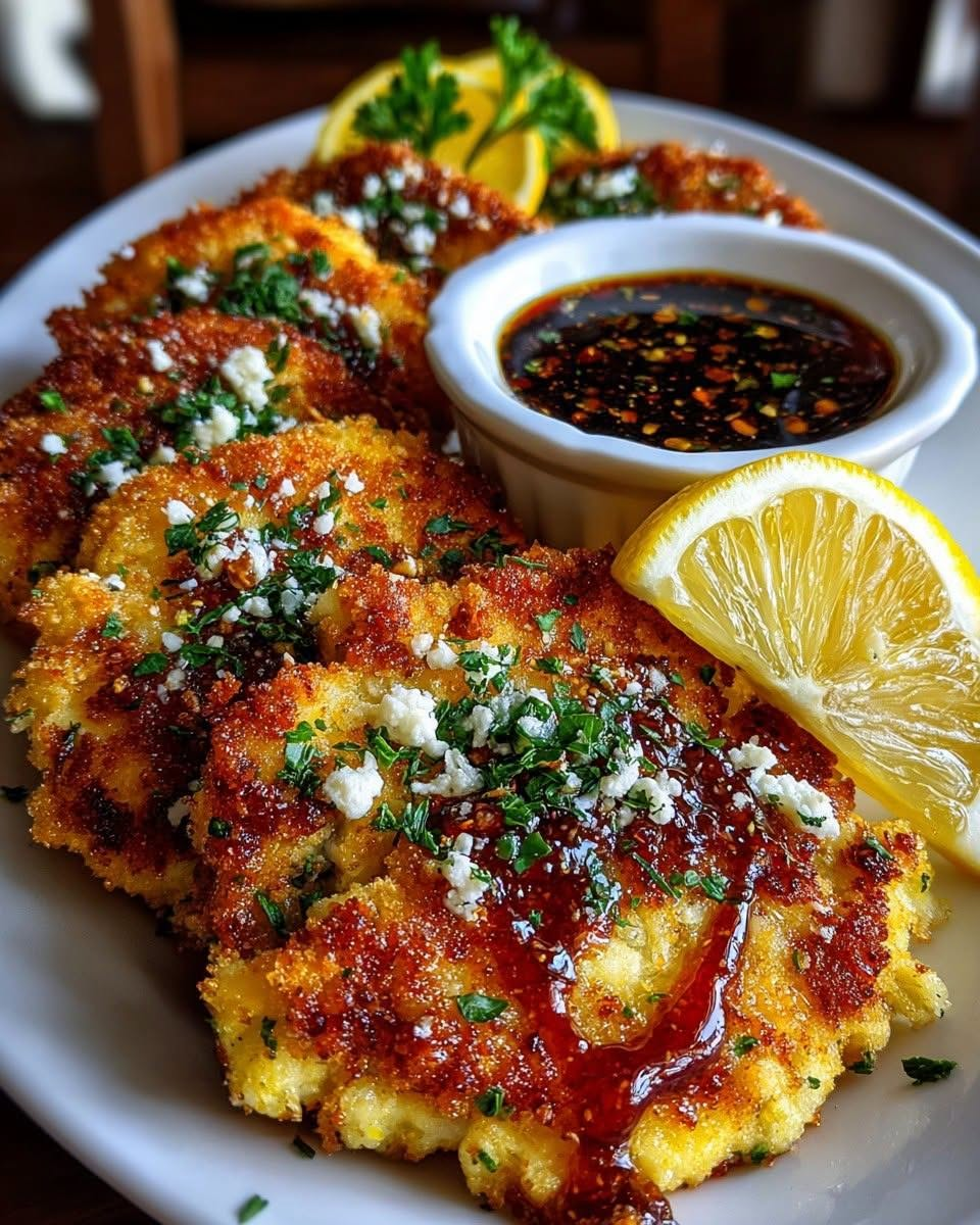 Loaded Crispy Hot Honey Lemon Feta Chicken Cutlets with Smoky Garlic Herb Drizzle