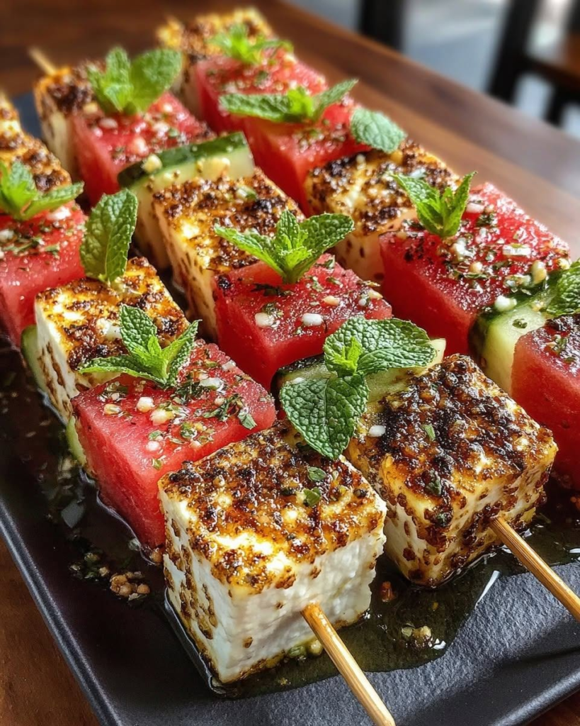 Grilled Halloumi and Watermelon Skewers with Whipped Brie Dip & Chili Lime Honey