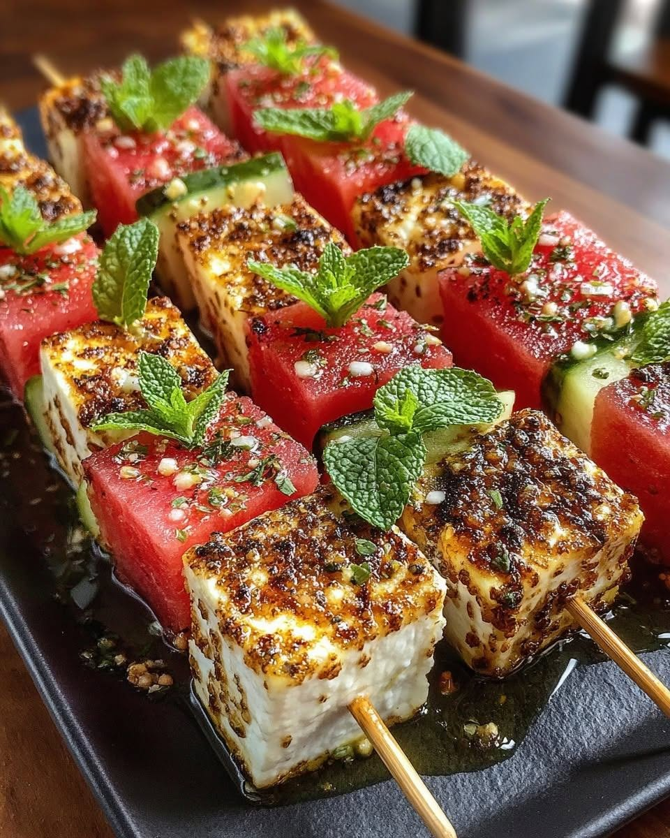 Grilled Halloumi and Watermelon Skewers with Whipped Brie Dip & Chili Lime Honey