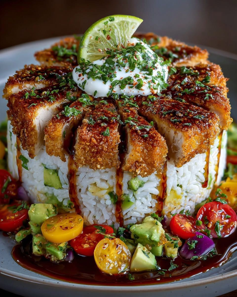 Crispy Honey-Lime Chicken & Avocado Rice Stack with Whipped Feta Drizzle