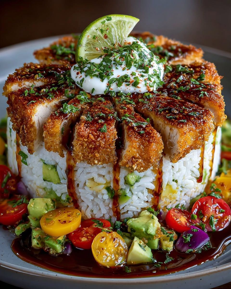 Crispy Honey-Lime Chicken & Avocado Rice Stack with Whipped Feta Drizzle