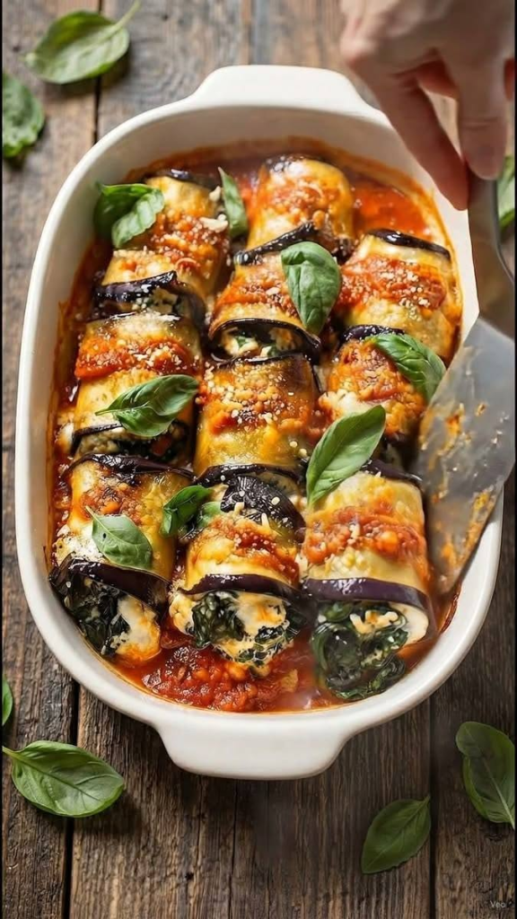 Spinach and Ricotta Stuffed Eggplant Roll-Ups