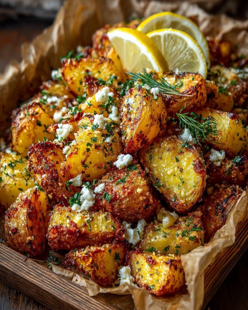 Crispy Greek Lemon Potatoes with Roasted Garlic Parmesan