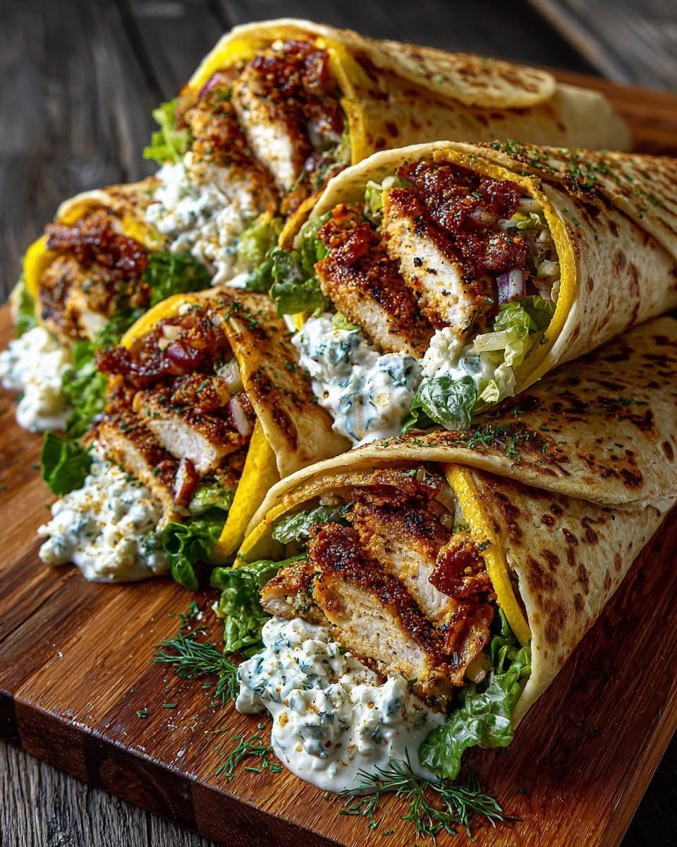 Crispy Greek Chicken Wraps with Hot Honey Lemon Feta Cream