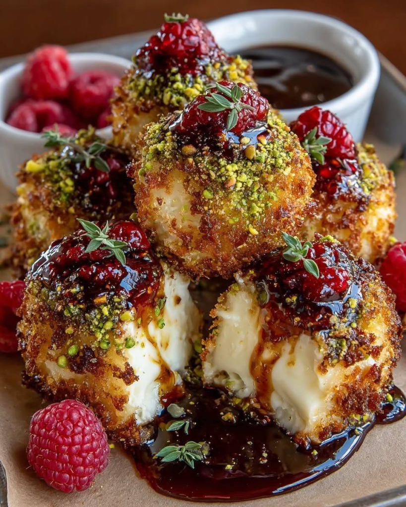 Pistachio-Crusted Brie Bites with Raspberry Honey Glaze