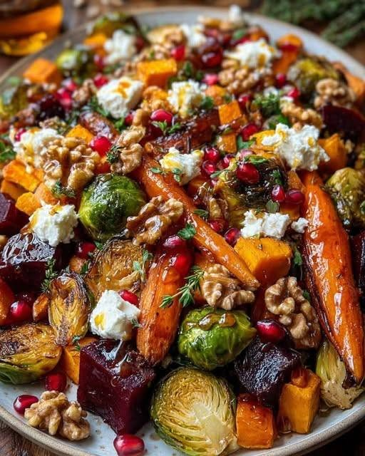Caramelized Brussels Sprouts, Sweet Potato, Butternut Squash, Carrot & Beet Medley with Feta, Toasted Walnuts & Hot Honey Drizzle