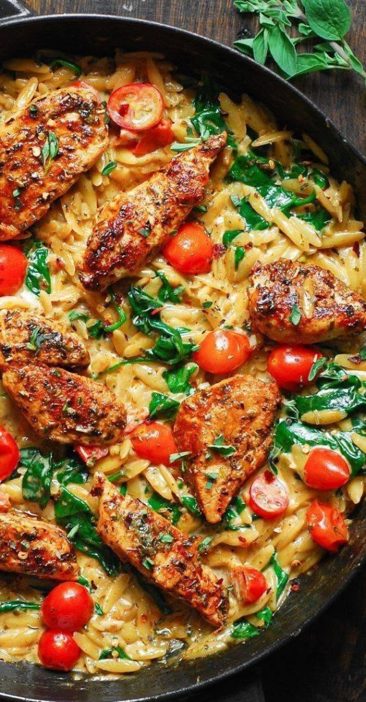 One-Skillet Creamy Chicken with Orzo, Spinach, and Tomatoes