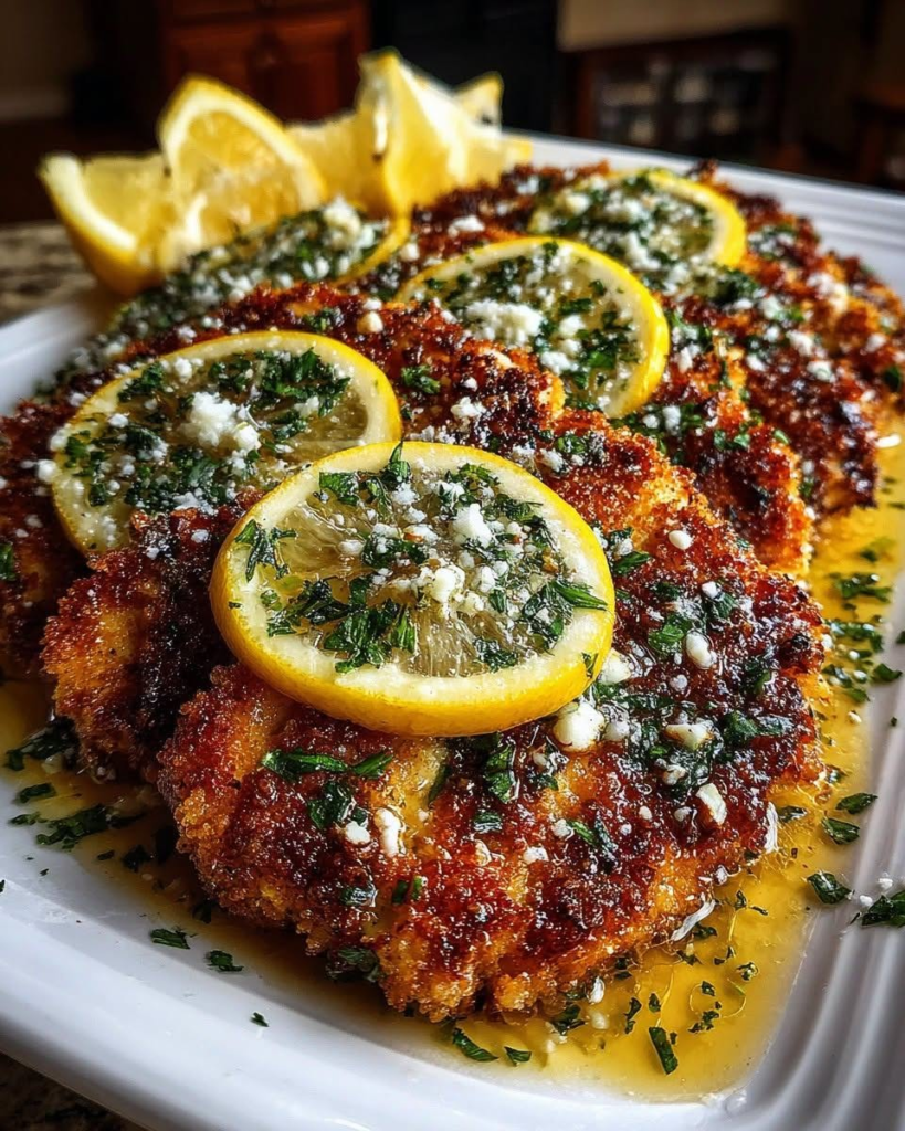 Golden Crispy Lemon Herb Feta Chicken Cutlets with Roasted Garlic Herb Drizzle