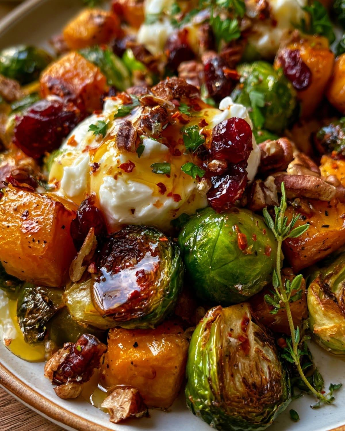 Roasted Pumpkin & Brussels Sprouts with Burrata, Cranberries, Pecans & Hot Honey