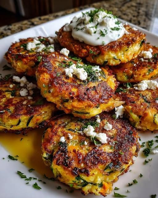 Golden Potato, Zucchini & Sweet Potato Rosti Bites with Feta & Lemon Herb Yogurt