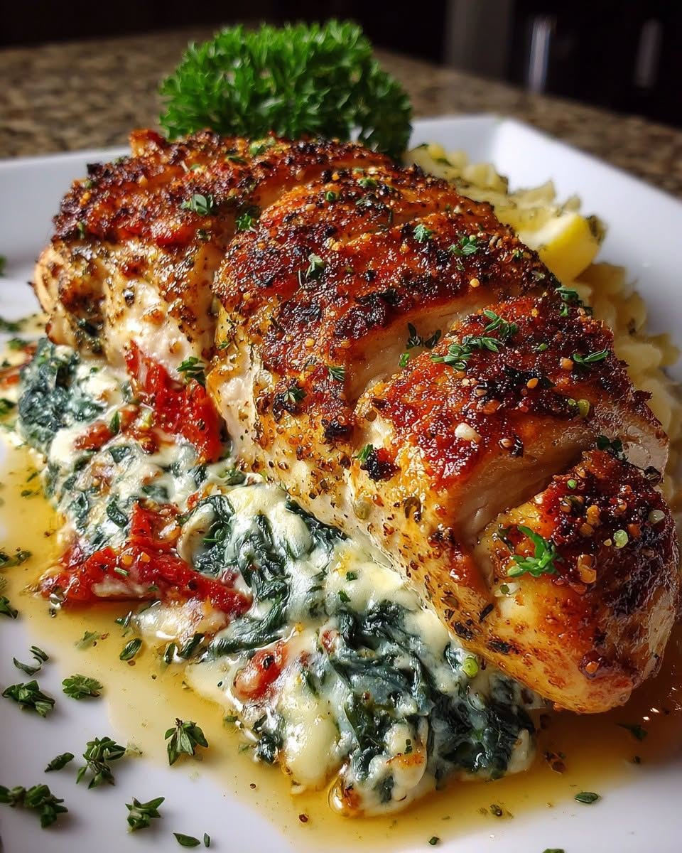 Roasted Red Pepper, Spinach & Mozzarella Stuffed Chicken