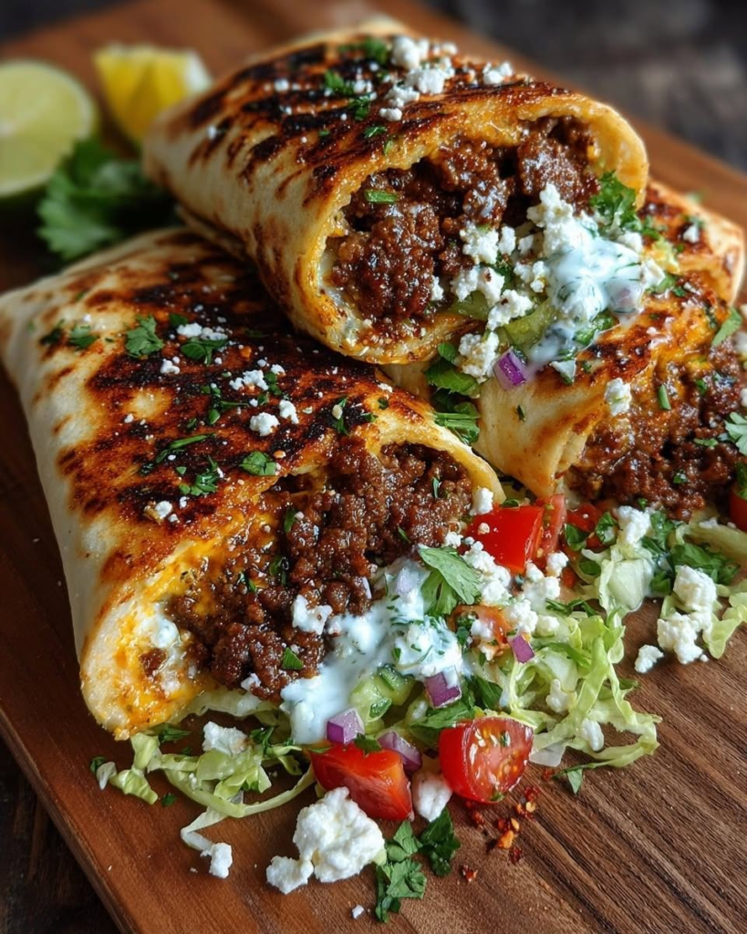 Mediterranean Ground Beef Wrap with Garlic Hot Honey Feta Cream
