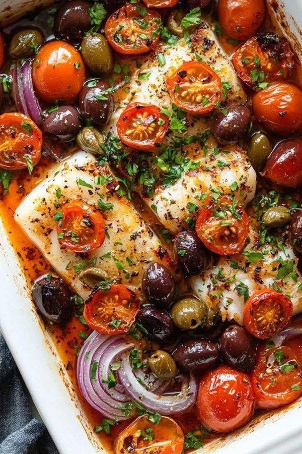 Mediterranean Baked Fish with Cherry Tomatoes, Olives, and Capers,