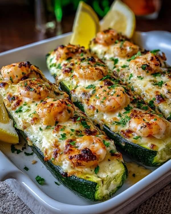 Garlic Butter Shrimp Stuffed Zucchini Boats