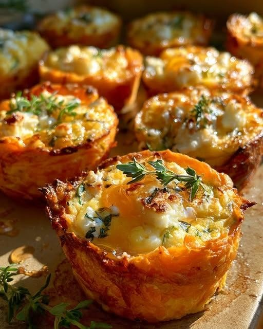 Golden Sweet Potato & Zucchini Rosti Quiche Cups with Feta & Honey Thyme – Mini