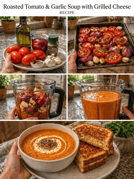 Roasted Tomato Garlic Soup with Grilled Cheese
