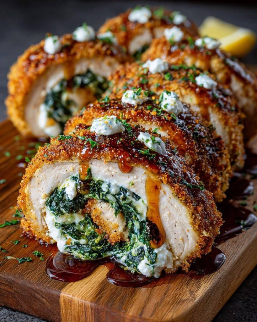 Crispy Stuffed Chicken Rolls with Spinach, Feta & Hot Honey Glaze
