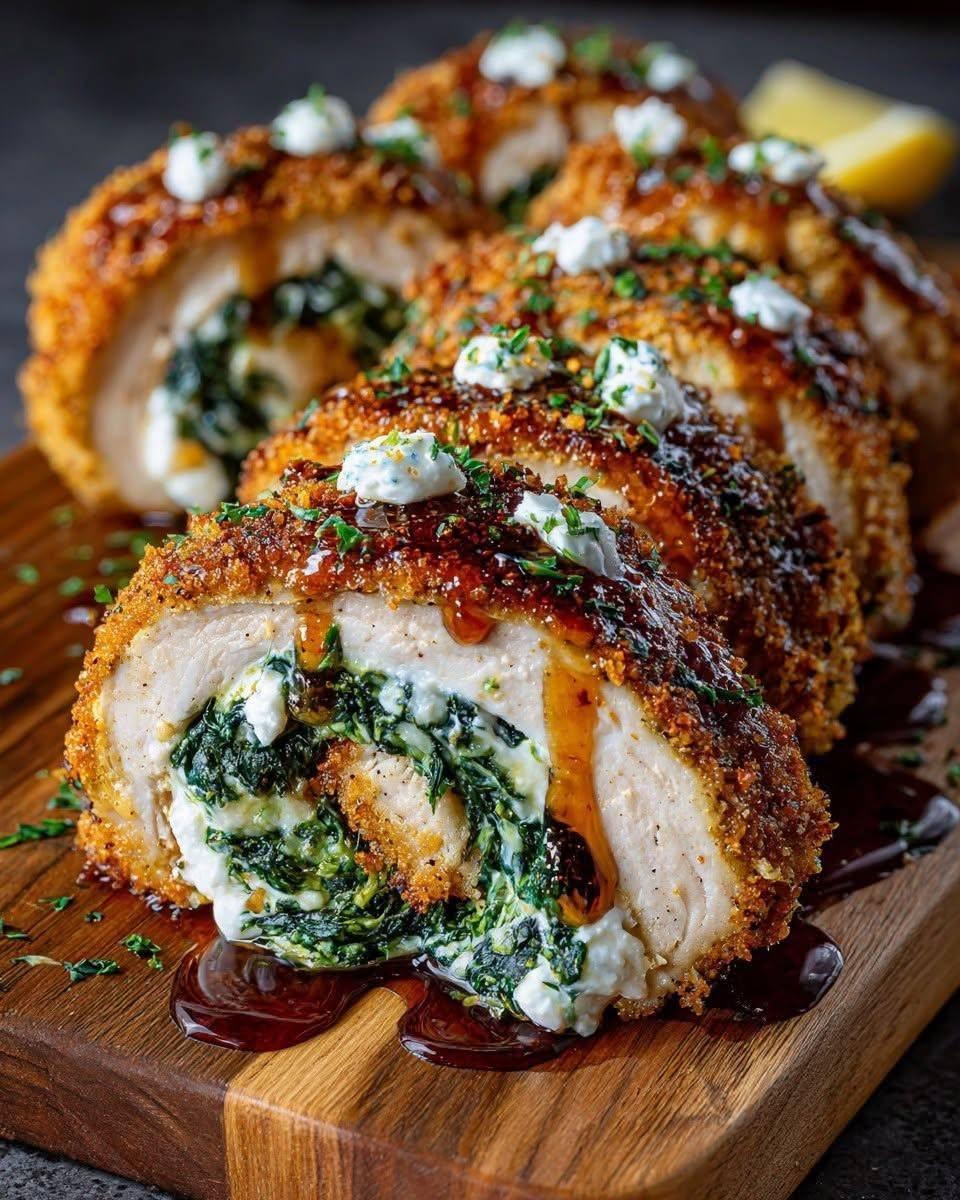 Crispy Stuffed Chicken Rolls with Spinach, Feta & Hot Honey Glaze