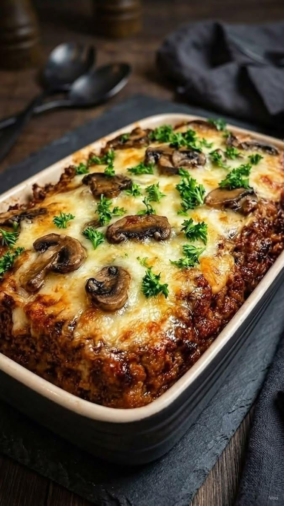 Cheesy Mushroom & Meat Casserole