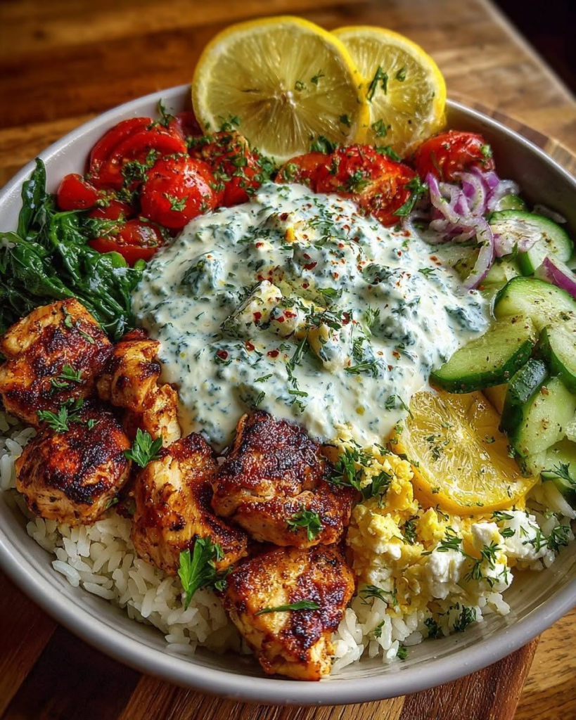 Lemon Garlic Chicken Rice Bowl with Creamy Lemon Feta Sauce