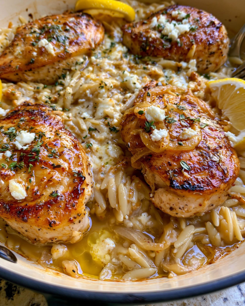 Lemon Butter Dijon Chicken and Orzo with Feta Sauce