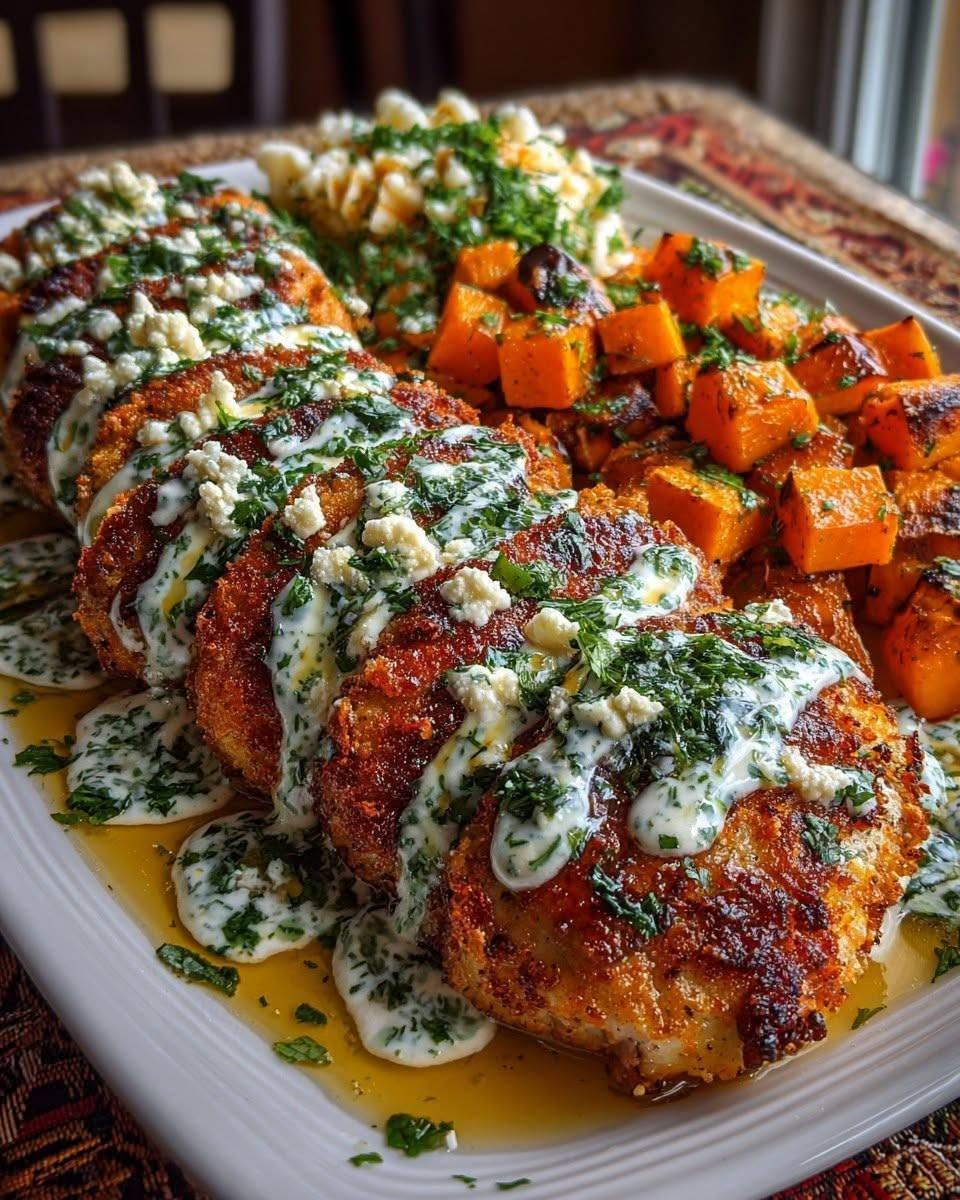 Golden Chicken Cutlets with Garlic Feta Cream, Sweet Potato & Basil Honey Drizzle