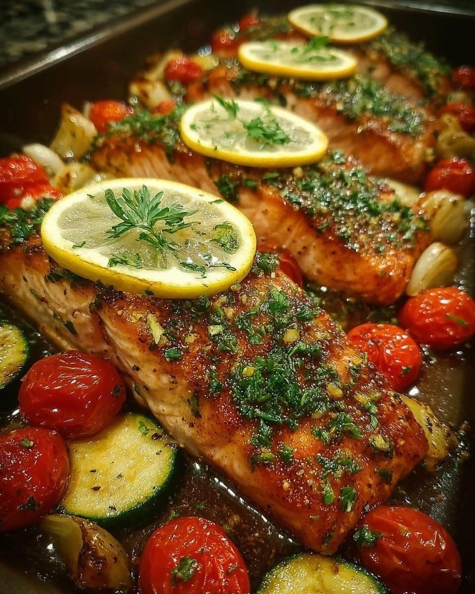 One-Pan Lemon Herb Salmon with Roasted Cherry Tomatoes & Garlic Butter Drizzle