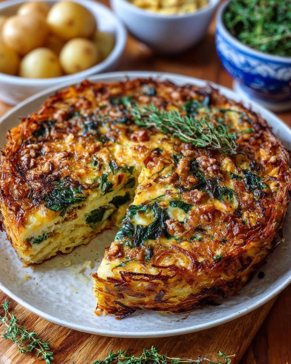 Crispy Leek & Spinach Rosti Quiche with Potato, Sweet Potato & Brie Walnuts