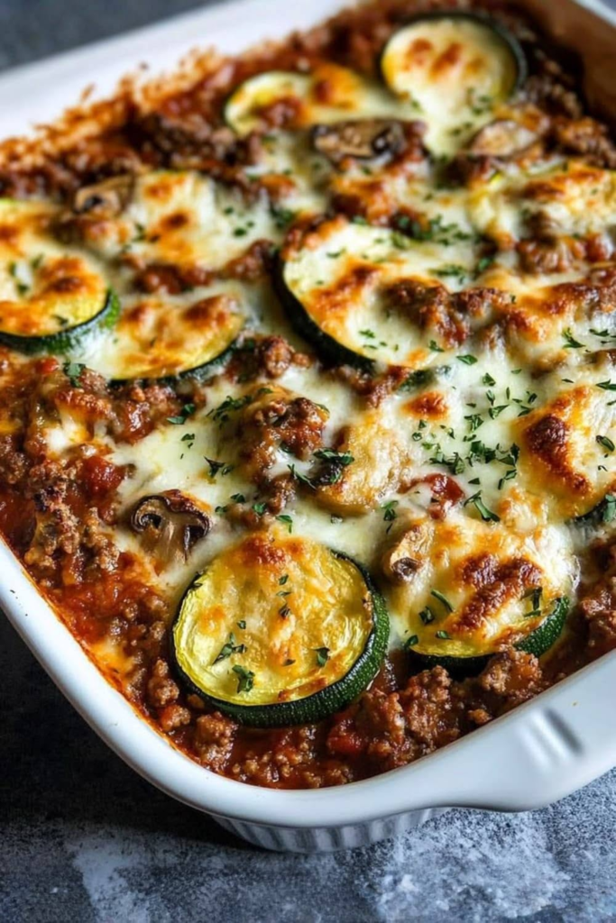 Low-Carb Zucchini, Mushroom, and Ground Meat Casserole