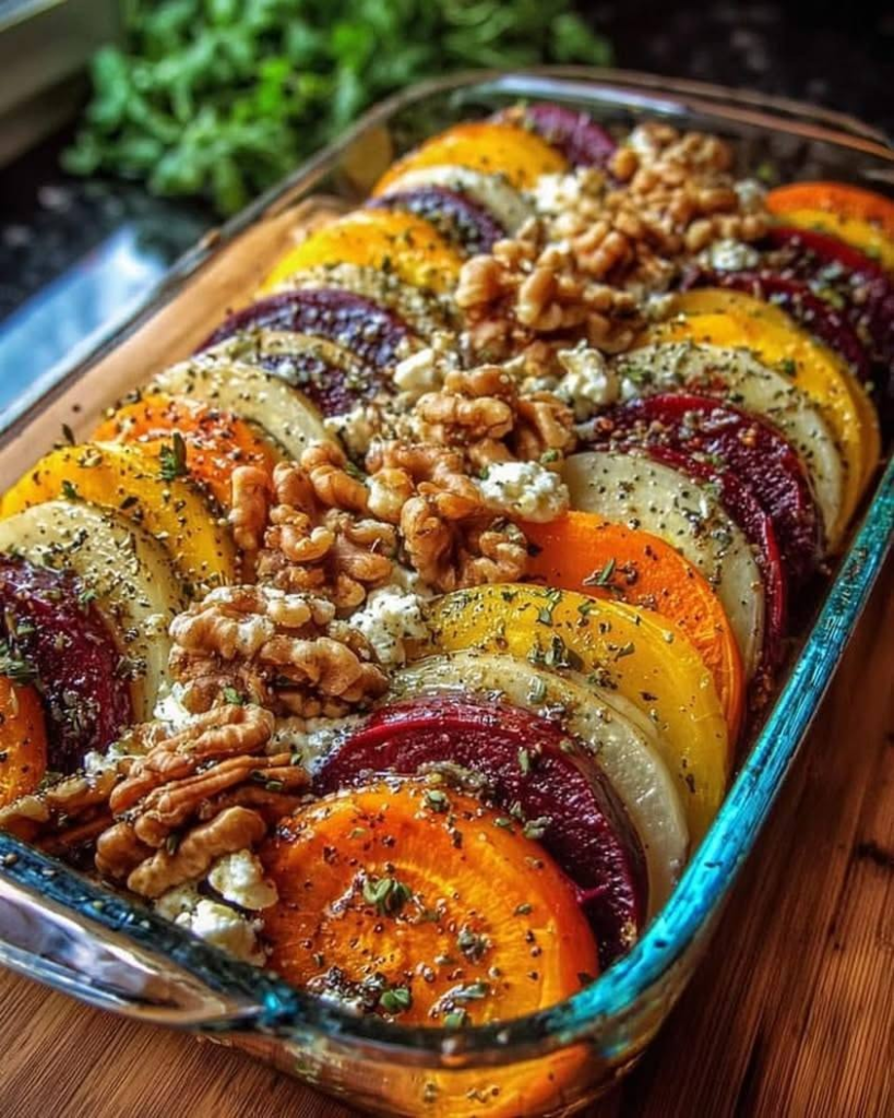Multi-Colored Root Vegetable and Walnut Bake