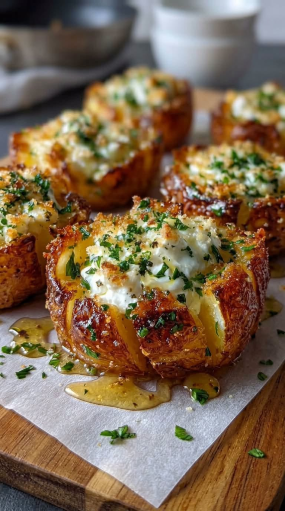 Crispy Garlic Parmesan Potato Blossoms with Creamy Herb Cheese