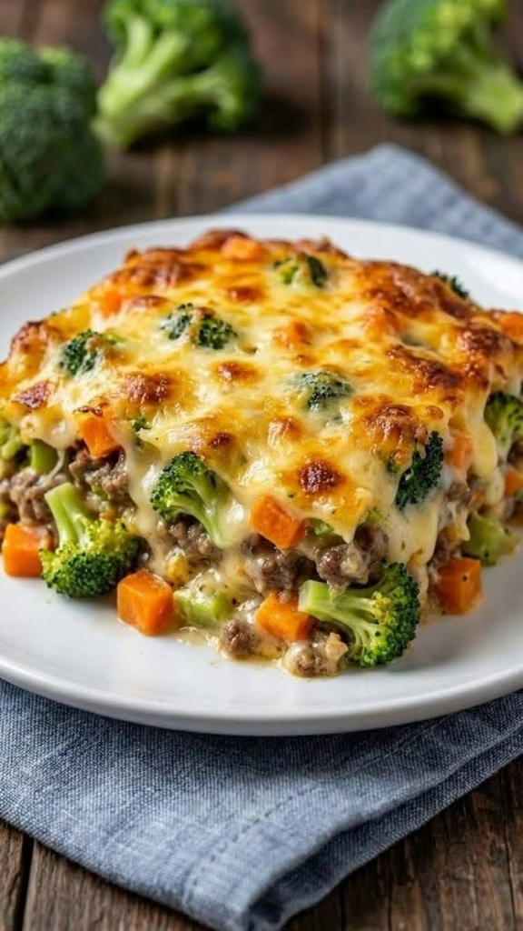 Cheesy Beef, Broccoli, and Sweet Potato Casserole