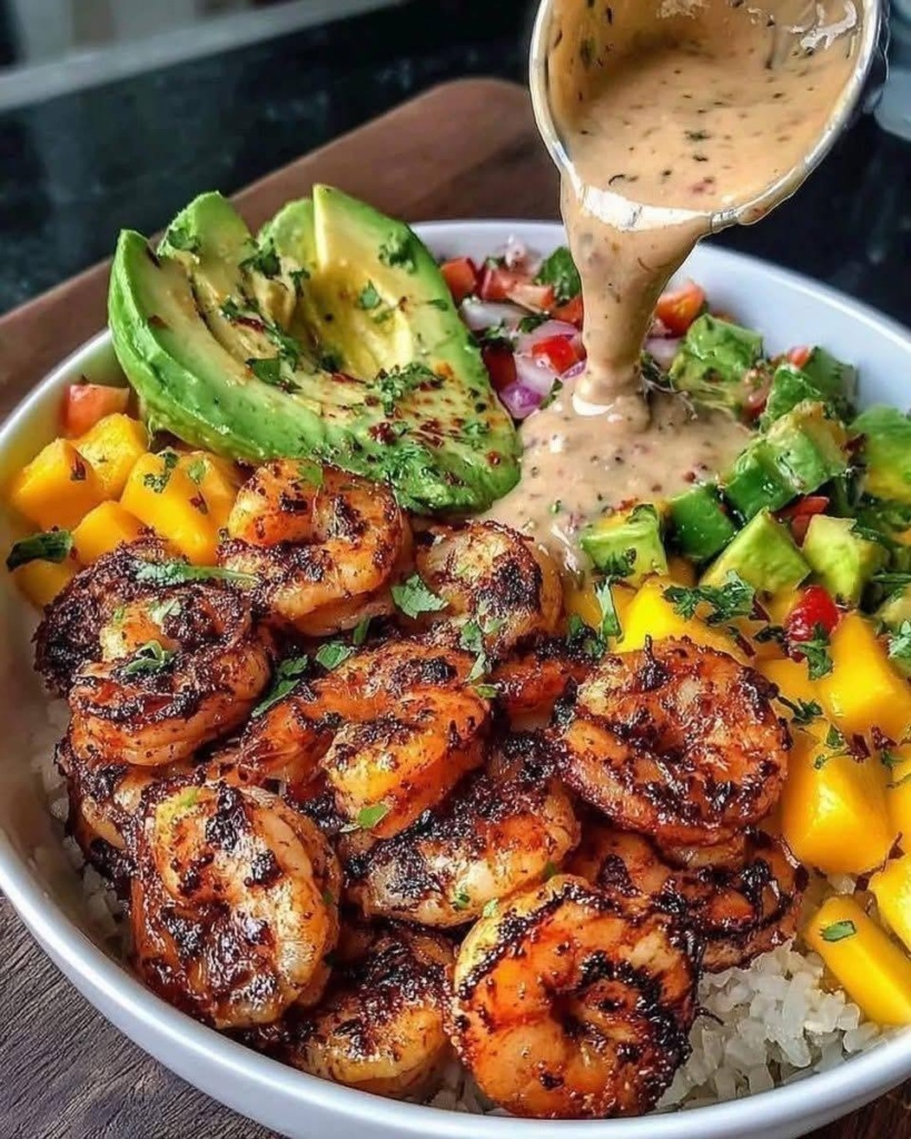 Shrimp and Avocado Bowls with Mango Salsa & Lime-Chili Sauce