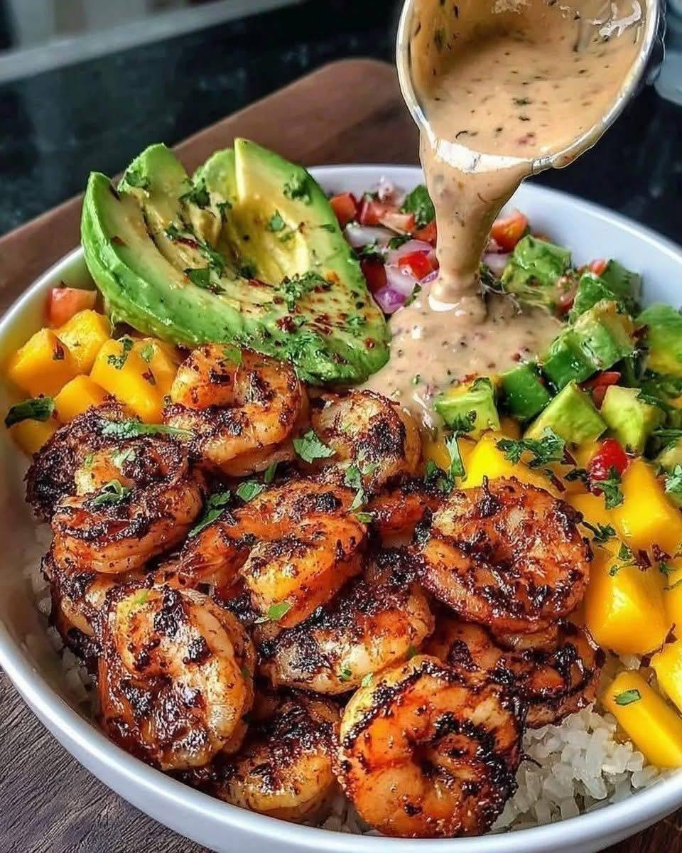 Shrimp and Avocado Bowls with Mango Salsa & Lime-Chili Sauce