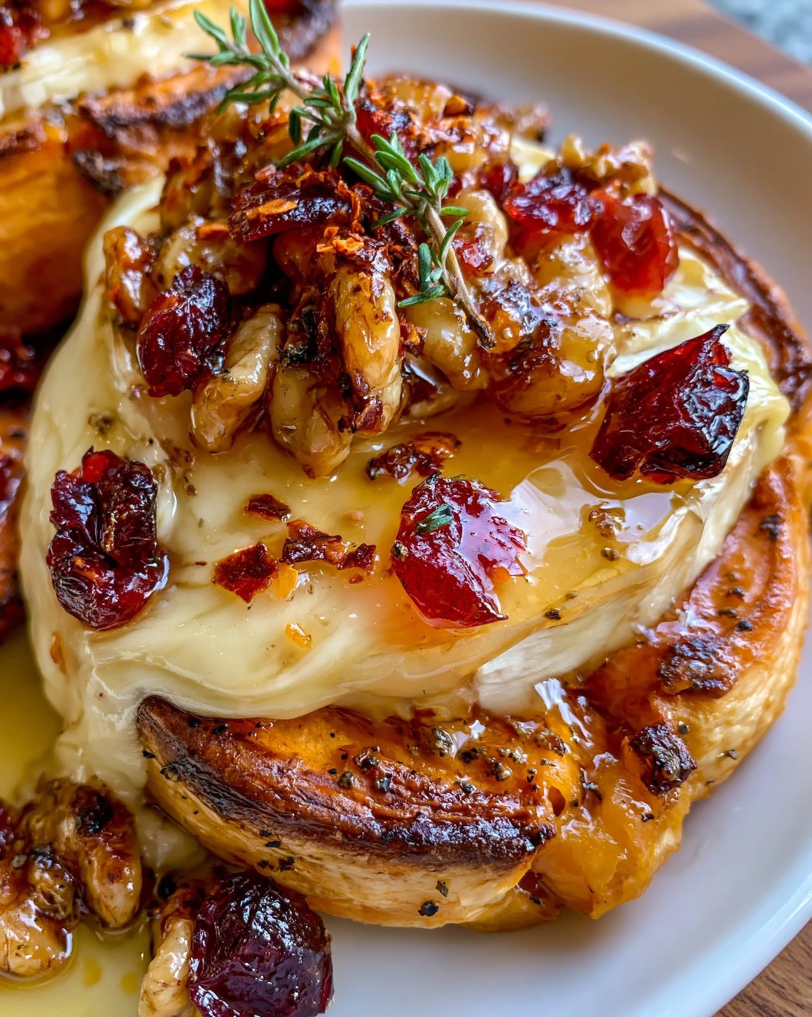 Crispy Sweet Potato Smash with Melted Brie, Cranberries & Spicy Honey Walnuts