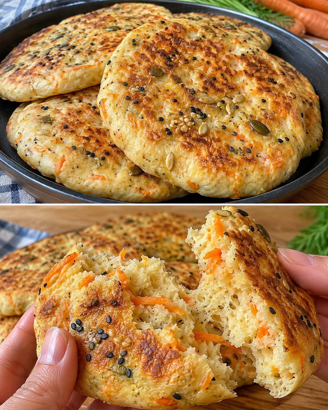 Skillet bread with carrot and seeds for busy days, no resting required
